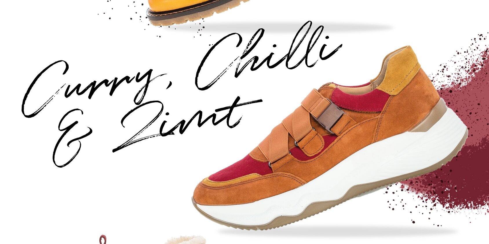 Gabor Magazin | Trends & Styling | Schuhe in Currygelb, Chillirot und Zimtbraun | © Gabor Shoes AG, Rosenheim